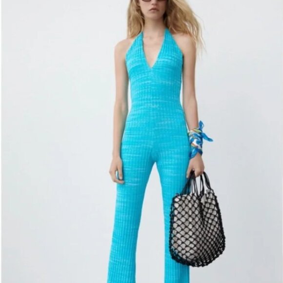 NEW ZARA Turquoise Ribbed Knit Bell-Leg Cotton Blend Jumpsuit/Overall- Blog Fav - Picture 8 of 16
